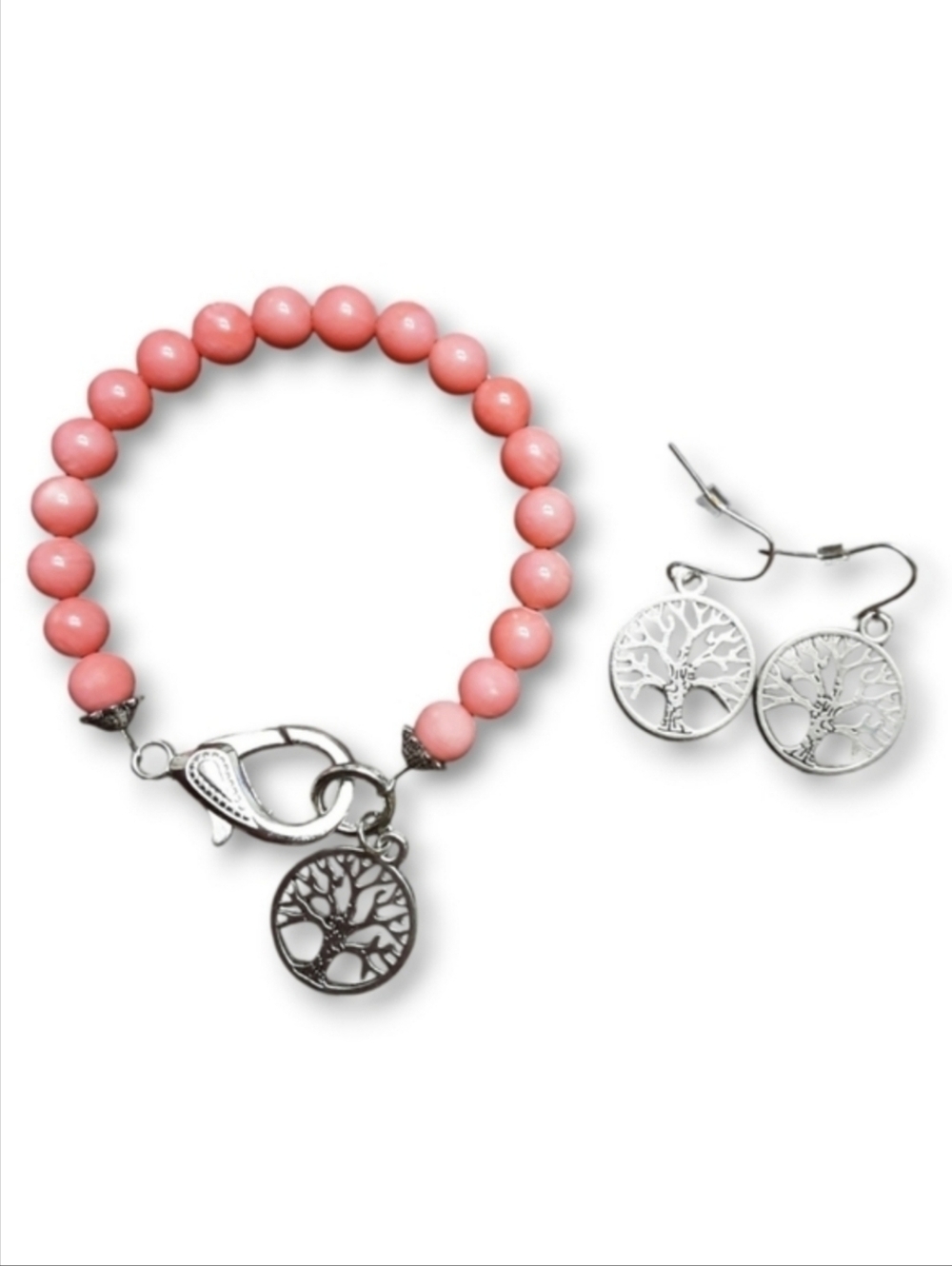 Artisan Natural Coral Bead Bracelet & Tree of Life Earrings Set
